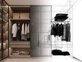 modern walk in closet wardrobe with clothes hanging interior design, 3d rendering