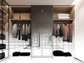 modern walk in closet wardrobe with clothes hanging interior design, 3d rendering