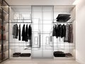 modern walk in closet wardrobe with clothes hanging interior design, 3d rendering