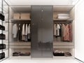 modern walk in closet wardrobe with clothes hanging interior design, 3d rendering