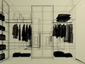 modern walk in closet wardrobe with clothes hanging interior design, 3d rendering