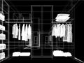 modern walk in closet wardrobe with clothes hanging interior design, 3d rendering