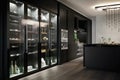 modern walk-in freezer with transparent doors and sleek black finish