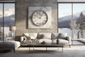 Modern wall clock in stylish light living room. Snow covered landscape outside. Concept of transition to winter time Royalty Free Stock Photo