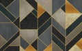 Modern wall decor wallpaper. 3d abstract, golden lines and marble and wooden and black shapes.