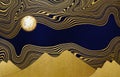 Modern wall decor wallpaper. 3d abstract, golden lines and marble and wooden mountains and black shapes.