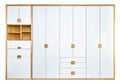 Modern wardrobe with finger pull design isolated on white background. Wooden wardrobe with light gray cabinet doors Royalty Free Stock Photo