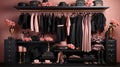 Modern wardrobe with stylish pink black female clothes. Generative AI. Royalty Free Stock Photo