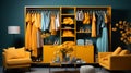 Modern wardrobe with stylish yellow blue female clothe. Generative AI. Royalty Free Stock Photo