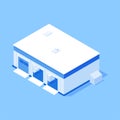 Modern warehouse exterior open entrance and pallet boxes container indoor storage isometric vector