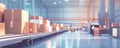 Modern warehouse interior with automated conveyor system and parcel packaging Royalty Free Stock Photo