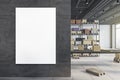 Modern warehouse interior with empty mock up frame on wall, racks, boxes, city view and daylight. Logistics and shipping concept. Royalty Free Stock Photo