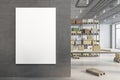 Modern warehouse interior with empty mock up poster on wall, racks, boxes, city view and daylight. Logistics and shipping concept Royalty Free Stock Photo