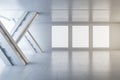 Modern warehouse interior with empty white mock up banners on white wall. Royalty Free Stock Photo