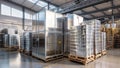 Interior of a modern warehouse with pallets and racks full of containers, generative ai