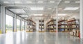 Modern Warehouse Interior with Pallets of Boxes on Racks and Open Loading Docks storage logistics Royalty Free Stock Photo