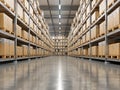 Modern Warehouse Interior with Rows of Shelves Stocked with Cardboard Boxes Royalty Free Stock Photo