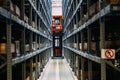 Modern warehouse interior with shelves and boxes and forklift loader Royalty Free Stock Photo