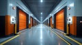 Modern Warehouse Interior Showcasing Sorting and Distribution Operations in a Logistics Hub With Orange Roll Up Doors Royalty Free Stock Photo