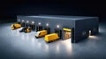 Modern Warehouse Loading Dock At Night With Yellow Delivery Vans Forklifts And Boxes. 3D Rendered Logistics Center Background Royalty Free Stock Photo