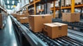 Modern warehouse with packages on conveyor belt showcasing efficient logistics and order fulfillment processes Royalty Free Stock Photo