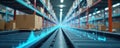 Modern warehouse with product packages on conveyor. Industry 4. 0 processes visualized. Boxes move through logistics distribution Royalty Free Stock Photo
