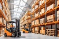 Modern warehouse with shelving and forklifts for inventory and logistics operations Royalty Free Stock Photo