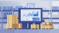 Modern warehouse with stacked boxes and software window for logistics management Royalty Free Stock Photo
