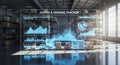 Modern Warehouse Supply Chain Management Tracker Holographic Display with Data Analytics and Inventory Shelves Royalty Free Stock Photo