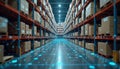 Modern warehouse tech features AI-powered logistics management system. Virtual reality software enhances inventory optimization.