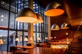 Modern, warm and cosy library or restaurant, with shelves full of books and beautiful lamps