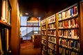 Modern, warm and cosy library, with shelves full of books and beautiful lamps