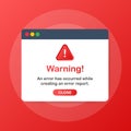 Modern warning pop up with flat design on red background. Vector illustration.
