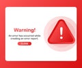 Modern warning pop up with flat design on red background. Vector illustration.