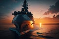 Modern warship in the sea at sunset. Military force ship sailing in ocean. Created with Generative AI