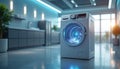 Modern washing machine with glowing blue digital interface. Sleek appliance in futuristic kitchen setting. Advanced technology Royalty Free Stock Photo