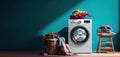 The modern washing machine with neatly arranged baskets of clothes. AI generated image Royalty Free Stock Photo