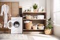 Washing machine and shelving unit in laundry room interior