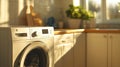 A modern washing machine in a sunlit kitchen with wooden countertops and plants Royalty Free Stock Photo