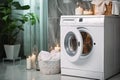 White Front Load Washing Machine Isolated on White Background. Modern Washer with Electronic Control Panel. Side View of Household Royalty Free Stock Photo