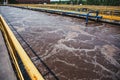 Modern wastewater and sewage treatment plant with aeration tanks, close up