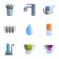 Modern water filtration icon set, cartoon style Royalty Free Stock Photo