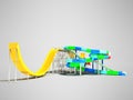 Modern water slides and attractions with five slides on the right 3d render on gray background with shadow