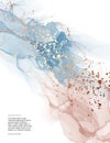 Modern watercolor blue pink ink with gold glitter splashes. Alcohol ink modern texture in vector. Fluid soft design template,