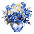 Modern Watercolor Primrose Arrangement Clipart With French Blue Hues Royalty Free Stock Photo