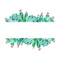 Watercolor echeveria and cacti succulents linear minimalist negative space frame. Horizontal space for a script