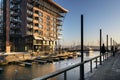 Modern waterfront apartments at dusk in Aker Brygge district,