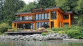 Modern Waterfront Cedar Home with Large Windows Royalty Free Stock Photo