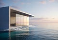 Modern Waterfront Home on Ocean, Minimalist Architecture, Sunset Royalty Free Stock Photo