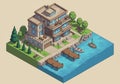 Modern waterfront house illustration features a multi-story building Royalty Free Stock Photo